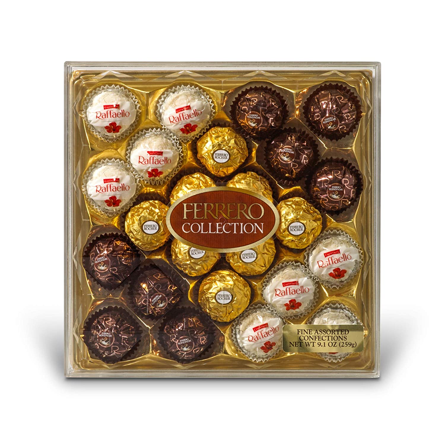 Ferrero Rocher Fine Hazelnut Milk Chocolates, 24 Count, Assorted Coconut Candy and Chocolate Collection Gift Box, 9.1 oz